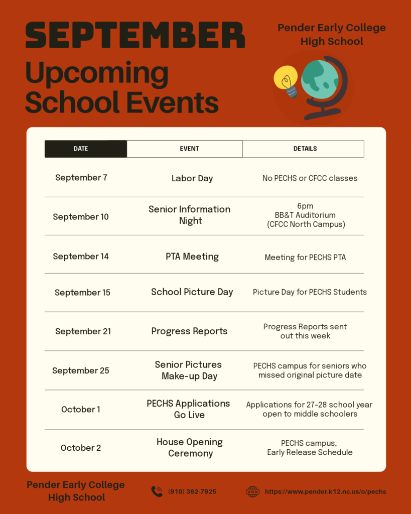 Flyer showing upcoming events for PECHS in September, along with details for each event