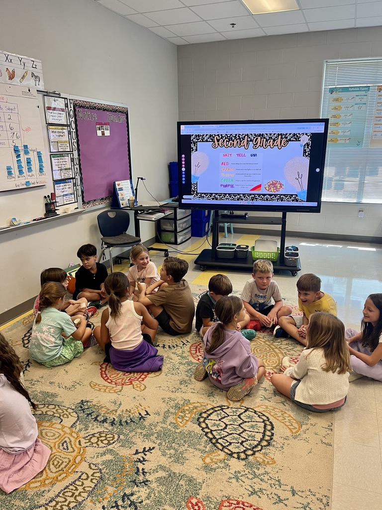 2nd graders sitting on the carpet in groups talking