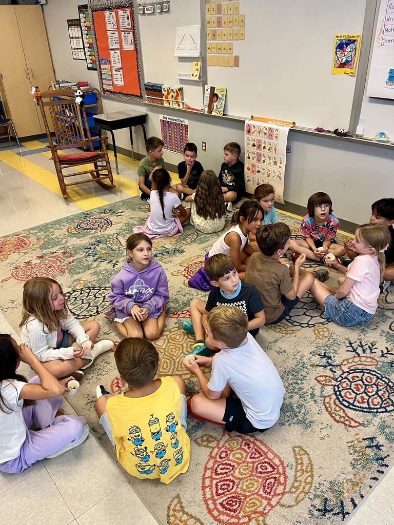 2nd graders sitting on the carpet in groups talking
