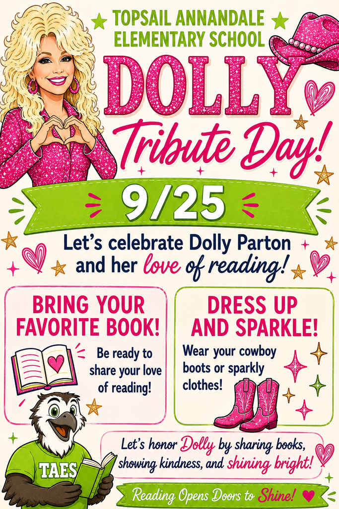 We are celebrating Dolly Parton and her legacy by having a tribute day for her. In celebration of this, your child can bring their favorite book and dress up in cowboy boots or sparkles 🙂