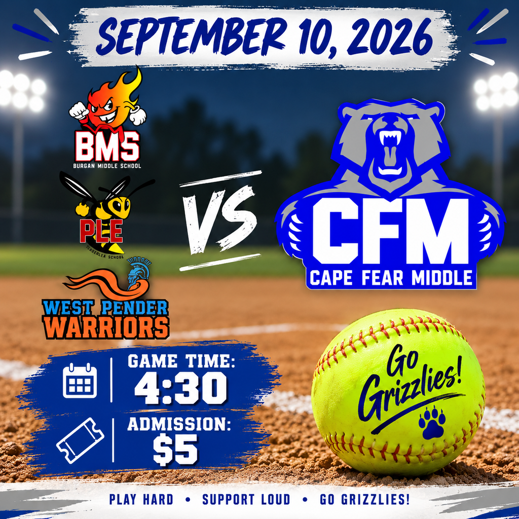 It's game day, Grizzlies! 💙🩶 Come out and support your Cape Fear Middle School Grizzlies.