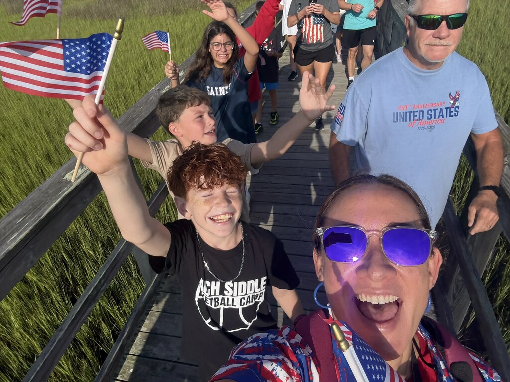 5th graders on a bridge walk