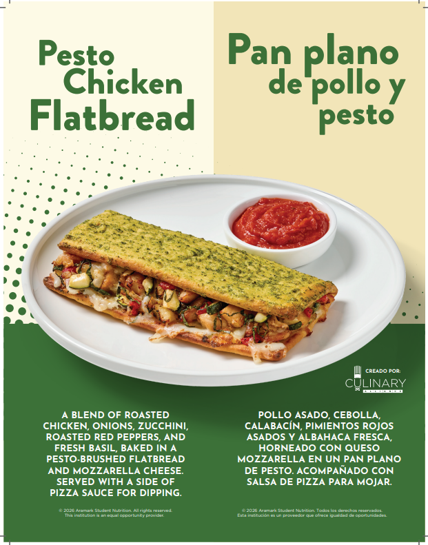 Graphic promoting the upcoming Pesto Chicken Flatbread. A golden flatbread is topped with roasted chicken, zucchini, onions, roasted red peppers, basil pesto, and melted mozzarella cheese.