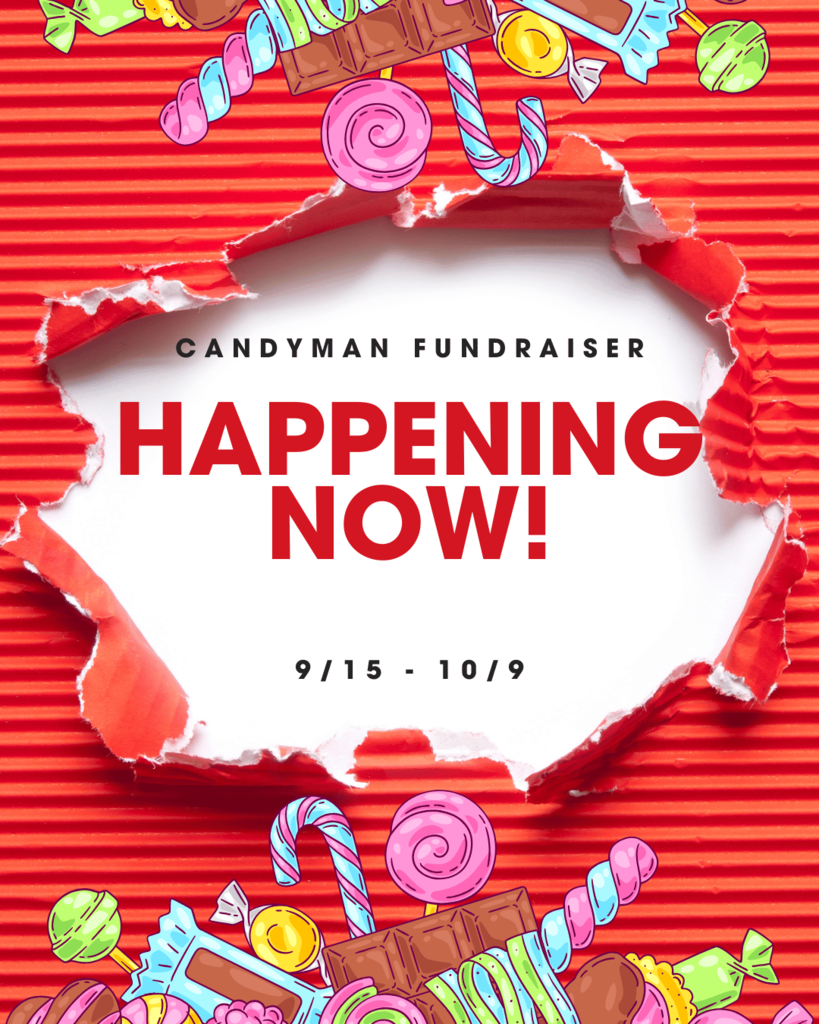 white and red background with candy at the top and bottom