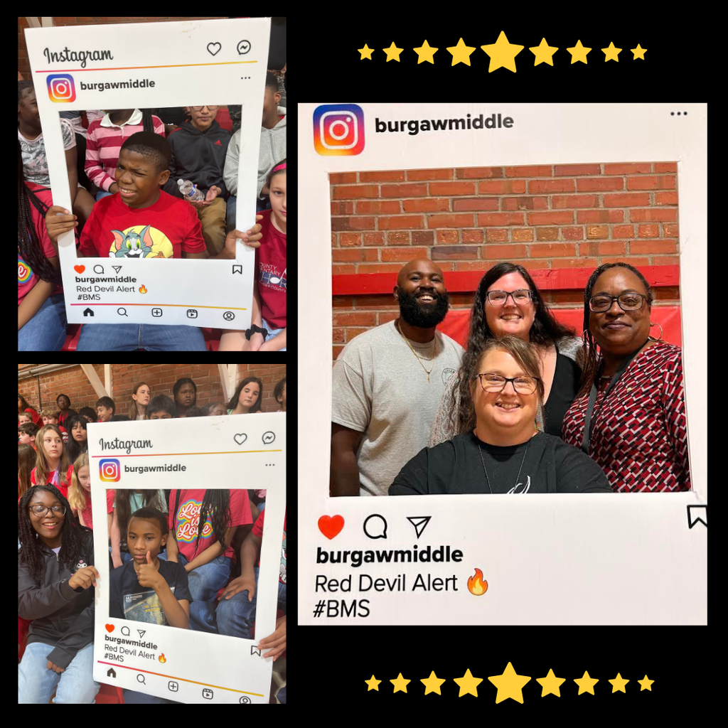 teachers and students at pep rally holding instagram sign