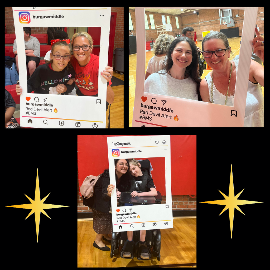 teachers and students at pep rally holding instagram sign