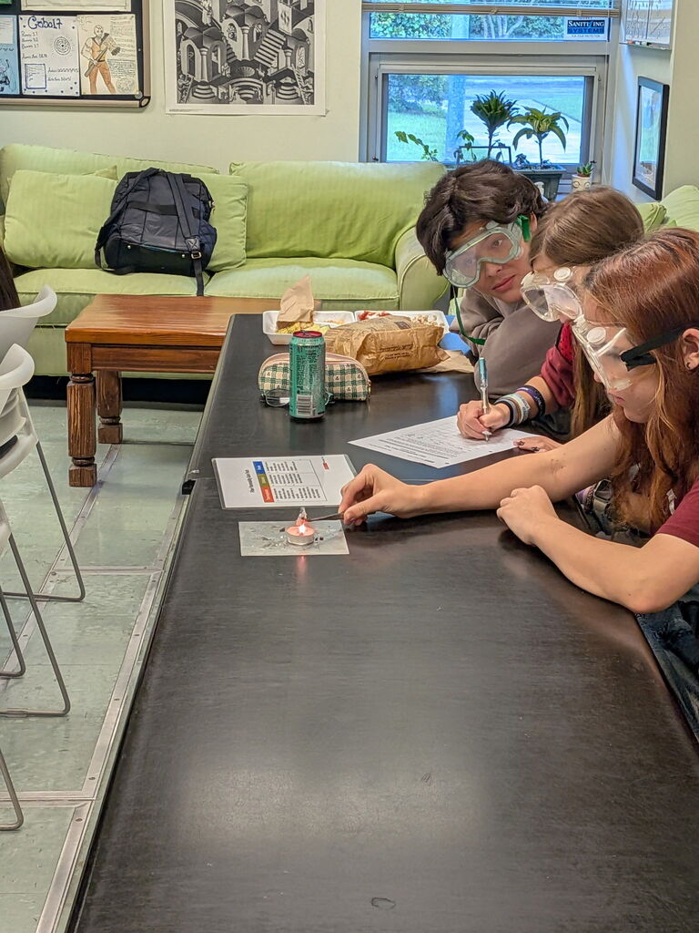 students watch textile sample be held over candle flame