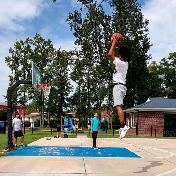student shooting basketball