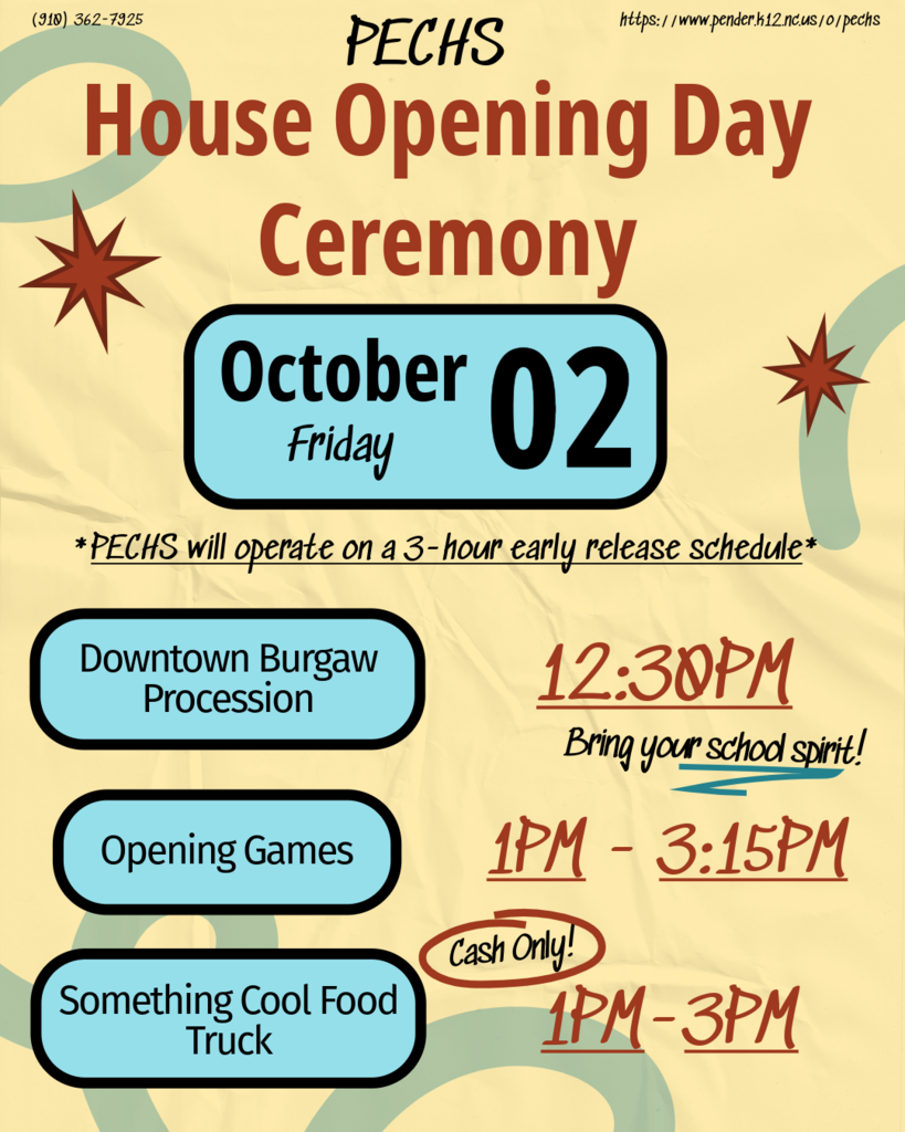 Flyer showing times and events for PECHS Opening Ceremony