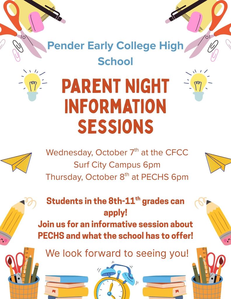 Pender Early College High School (PECHS) is hosting Parent Night Information Sessions for students interested in applying — and students in 8th through 11th grade are eligible to apply!