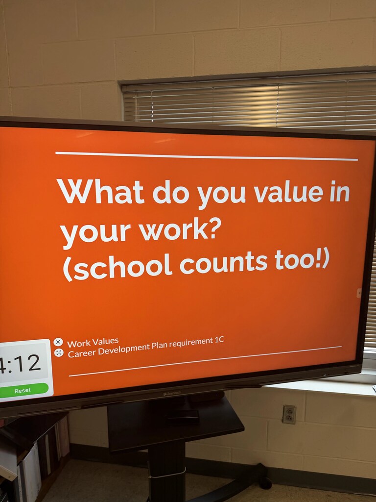 Mrs. Simmons visited our 8th grade Social Studies classes to help students explore an important question: What do you value in your work? (And yes — school counts too!) Great conversations about achievement, teamwork, creativity, and more as our Grizzlies start thinking ahead to their future careers.