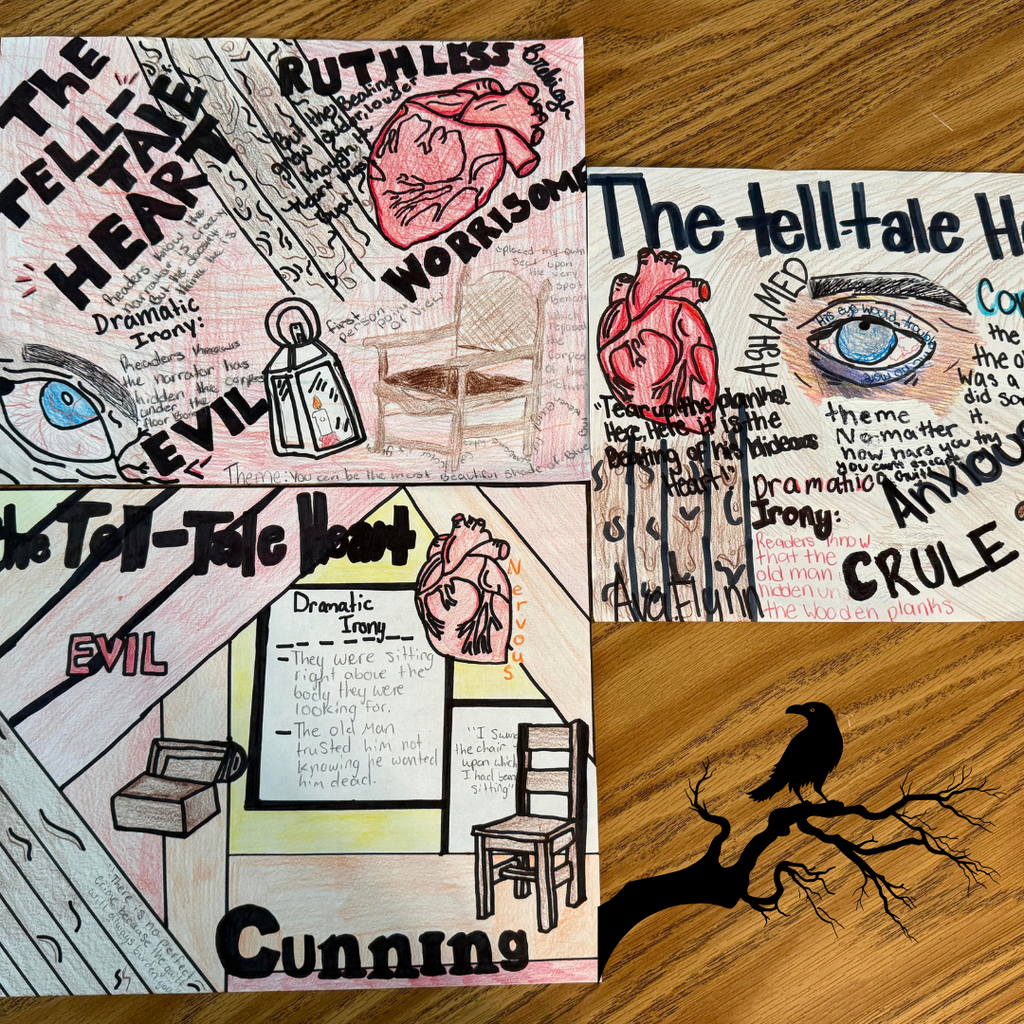 student work with tree and raven graphic