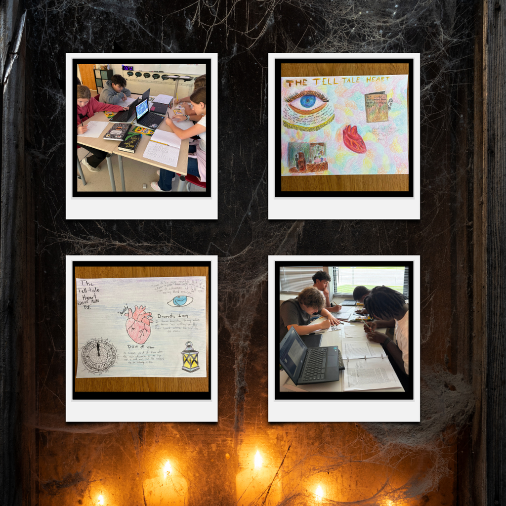 students working in class with spooky background images