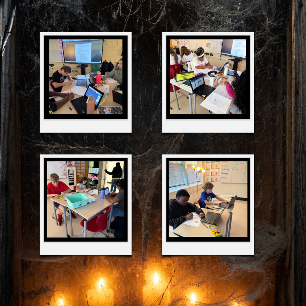 students working in class with spooky background images
