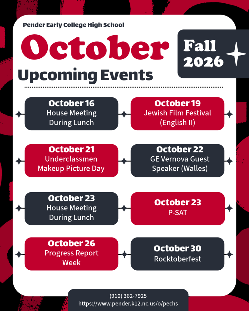 Flyer listing October events at Pender Early College