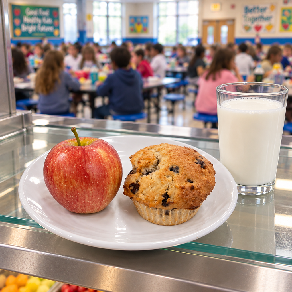 Display plate with an apple and chocolate chip muffin next to a glass of milk 