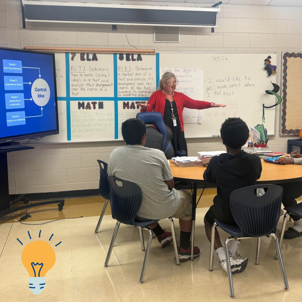 teacher teaching lesson to a small group of students