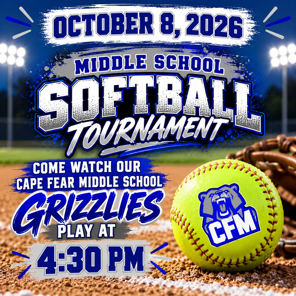 It's tournament time! Come out tonight and cheer on our Cape Fear Middle School Grizzlies as they take the field at 4:30 PM. Bring your blue, bring your noise, and let's show them what Grizzly pride looks like! 
