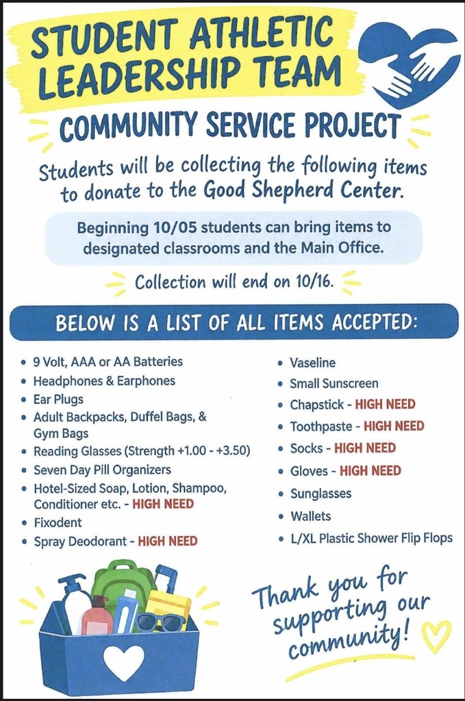 The Student Athletic Leadership Team is collecting donations for the Good Shepherd Center, and we’d love your help! 🤝