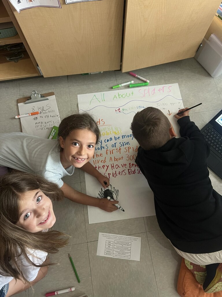 2nd graders working in small groups on a poster project
