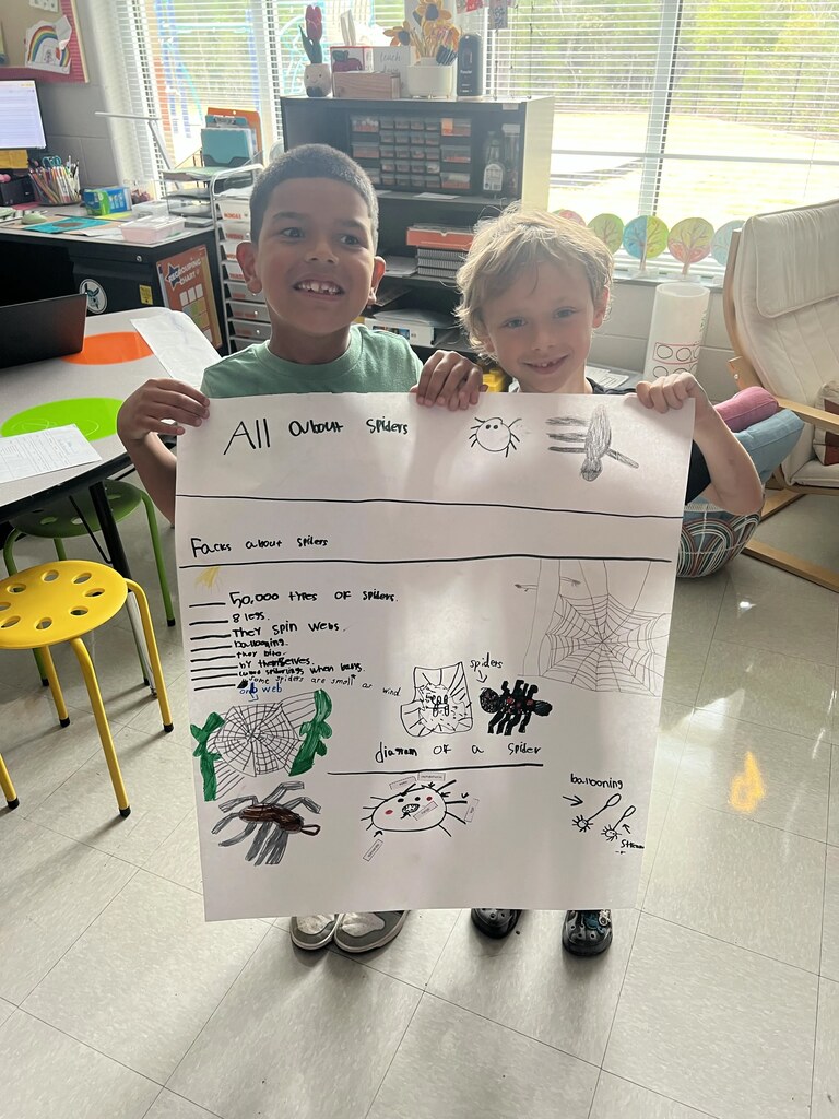 2nd graders working in small groups on a poster project