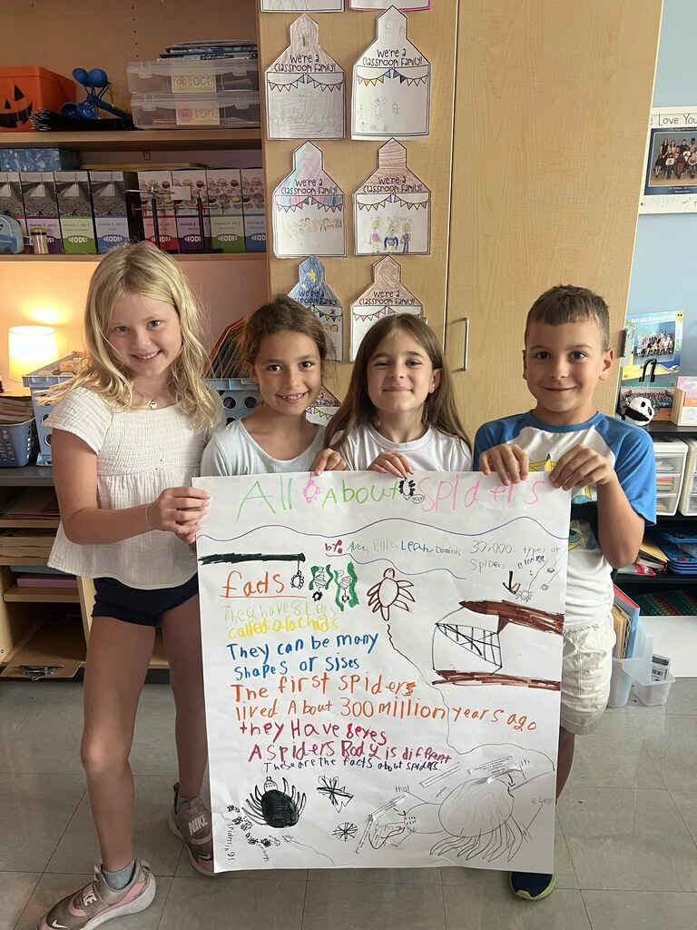 2nd graders working in small groups on a poster project