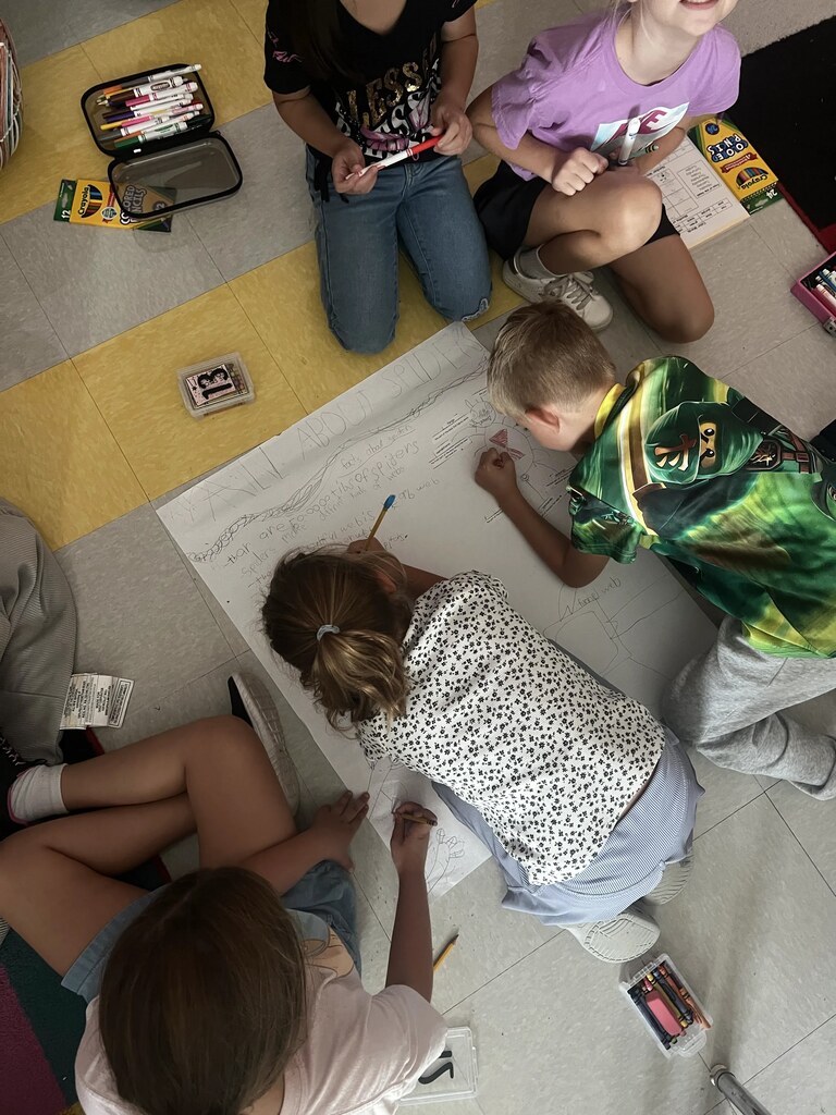 2nd graders working in small groups on a poster project