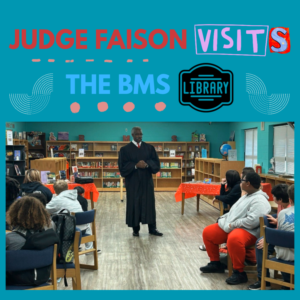 judge speaking to students in school library