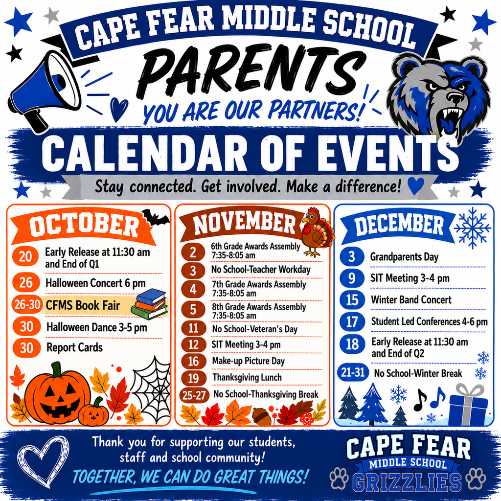 📣 Cape Fear Middle School Parents and Guardians: Mark Your Calendars! 📣 Parents and guardians, you are our partners! 💙 Check out the updated calendar of events to see what’s coming up at CFMS. Stay connected, get involved, and make a difference!