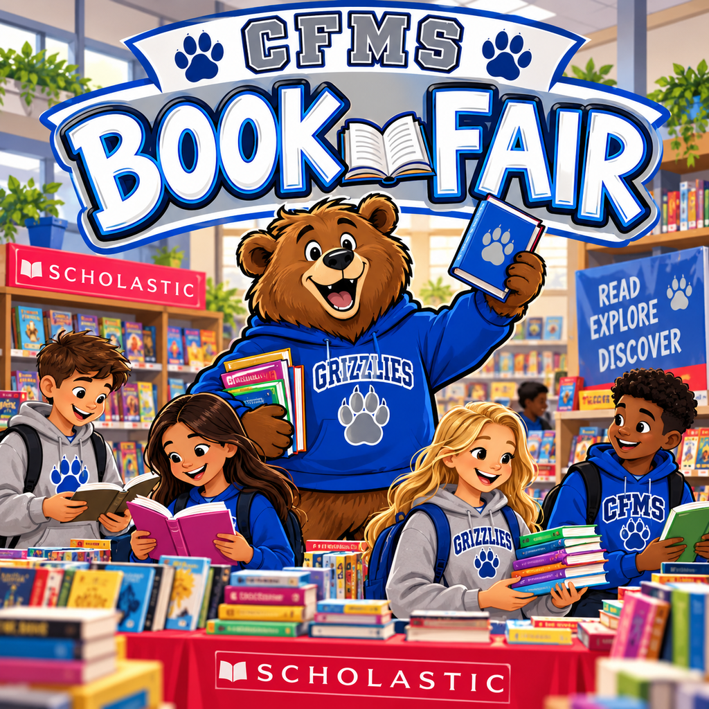 📚 Good morning, Cape Fear Middle School! 🐻 The Grizzlies Book Fair starts tomorrow, Monday, October 26th, and runs through Friday, October 30th! 🎉 Stop by to check out new releases, favorite series, and fun bookmarks and posters. ⏰ We have extended hours this week! The Book Fair will be open after school: 📅 Monday, October 26: until 6:00 PM 📅 Tuesday, October 27 through Thursday, October 29: until 5:00 PM 📅 Friday, October 30: until 4:00 PM 💵 Remember to bring your money in a labeled envelope, or ask a parent about setting up an online account. Every book you buy helps support our school library. 📖 So grab your royal blue 💙 and gray 🩶, Grizzlies, and show some reading pride! Happy reading, and have a great day! 😊 #CapeFearMiddle #GrizzliesBookFair #GrizzlyPride #ReadLikeAGrizzly #BookFair2026