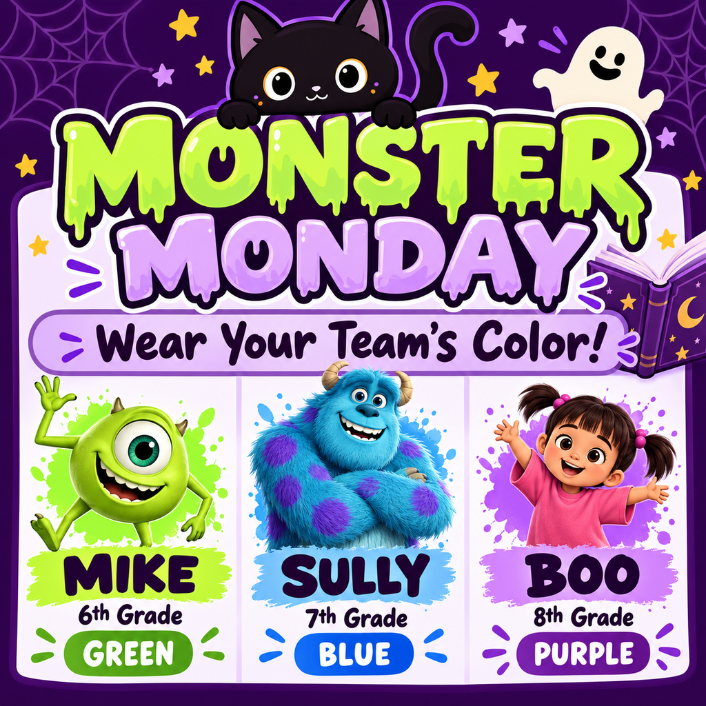 Tomorrow kicks off our Halloween Spirit Week at Cape Fear Middle School! 🎃👻 Start the week off right with Monster Monday by wearing your team’s color: 💚 6th grade: Green 💙 7th grade: Blue 💜 8th grade: Purple