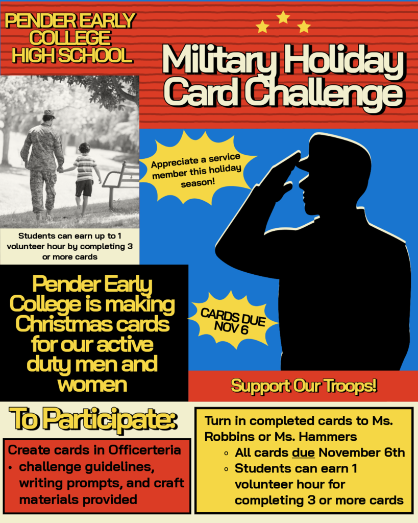 flyer promoting PECHS involvement in the Military Holiday Card Challenge and details for participation