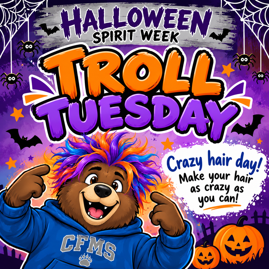 🐻💙 TOMORROW IS TROLL TUESDAY, GRIZZLIES! 💙🐻  Get ready for Crazy Hair Day at Cape Fear Middle School! 🕸️  Make your hair as crazy as you can: wild colors, big styles, and anything goes (as long as it’s school appropriate). The wackier, the better!
