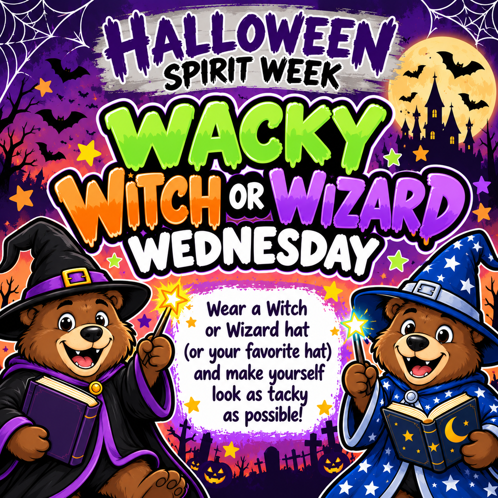 🐻💙 TOMORROW IS WACKY WITCH OR WIZARD WEDNESDAY, GRIZZLIES! 💙🐻  Get ready for a hat day with a twist at Cape Fear Middle School! 🧙🎃  Wear a witch or wizard hat (or your favorite hat) and make yourself look as tacky as possible! The wackier the outfit, the better.