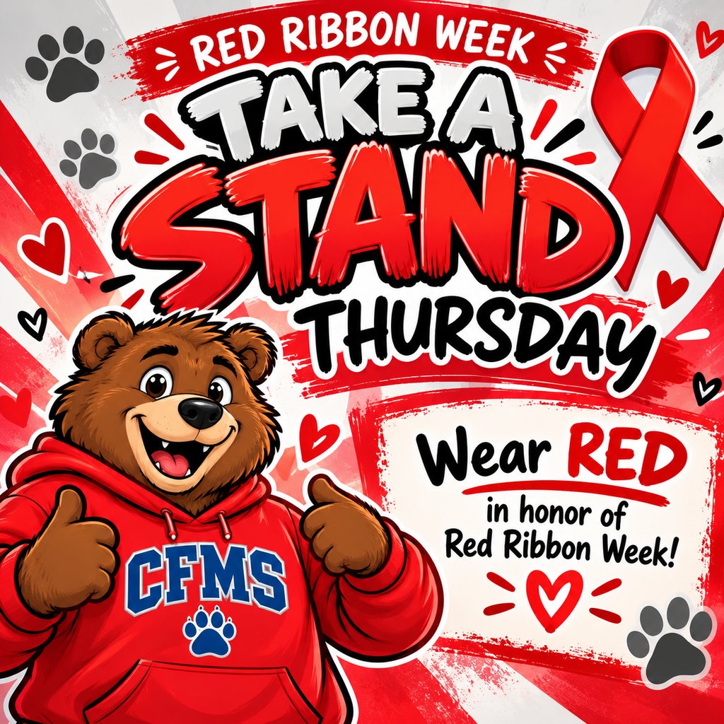 🐻💙 TOMORROW IS TAKE A STAND THURSDAY, GRIZZLIES! 💙🐻  Tomorrow we’re wearing RED in honor of Red Ribbon Week at Cape Fear Middle School! ❤️  Grab your favorite red shirt, hoodie, or accessories and join us in taking a stand for a healthy, drug-free life. Let’s show the school that Grizzlies stand together! 🐾