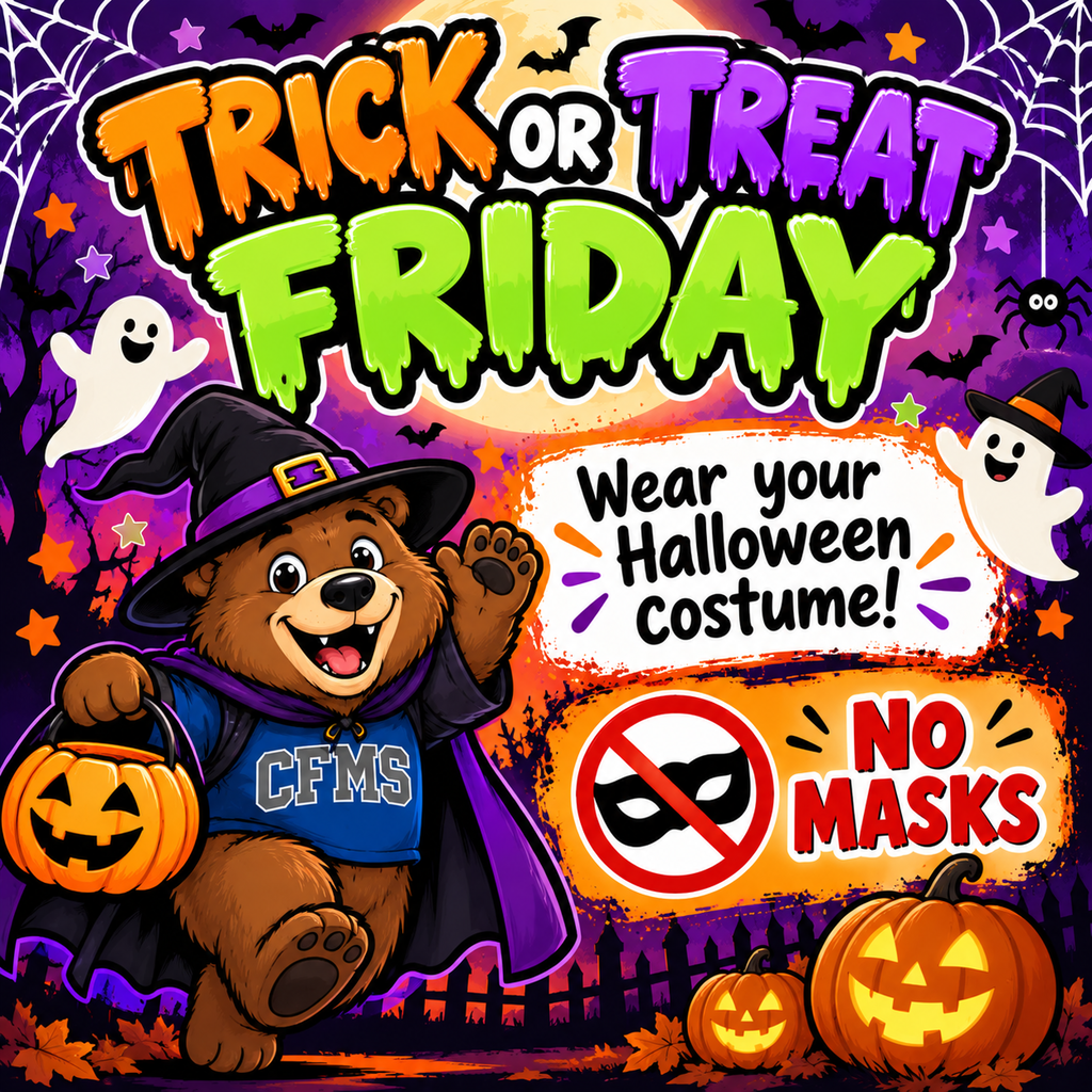 🐻💙 TOMORROW IS TRICK OR TREAT FRIDAY, GRIZZLIES! 💙🐻  Get ready to wrap up our Halloween Spirit Week at Cape Fear Middle School! 🎃👻  Tomorrow is the day to wear your Halloween costume! Get creative and show off your best spooky, silly, or spectacular look.  🚫 Please remember: NO MASKS. Costumes should be school appropriate and must not cover your face.