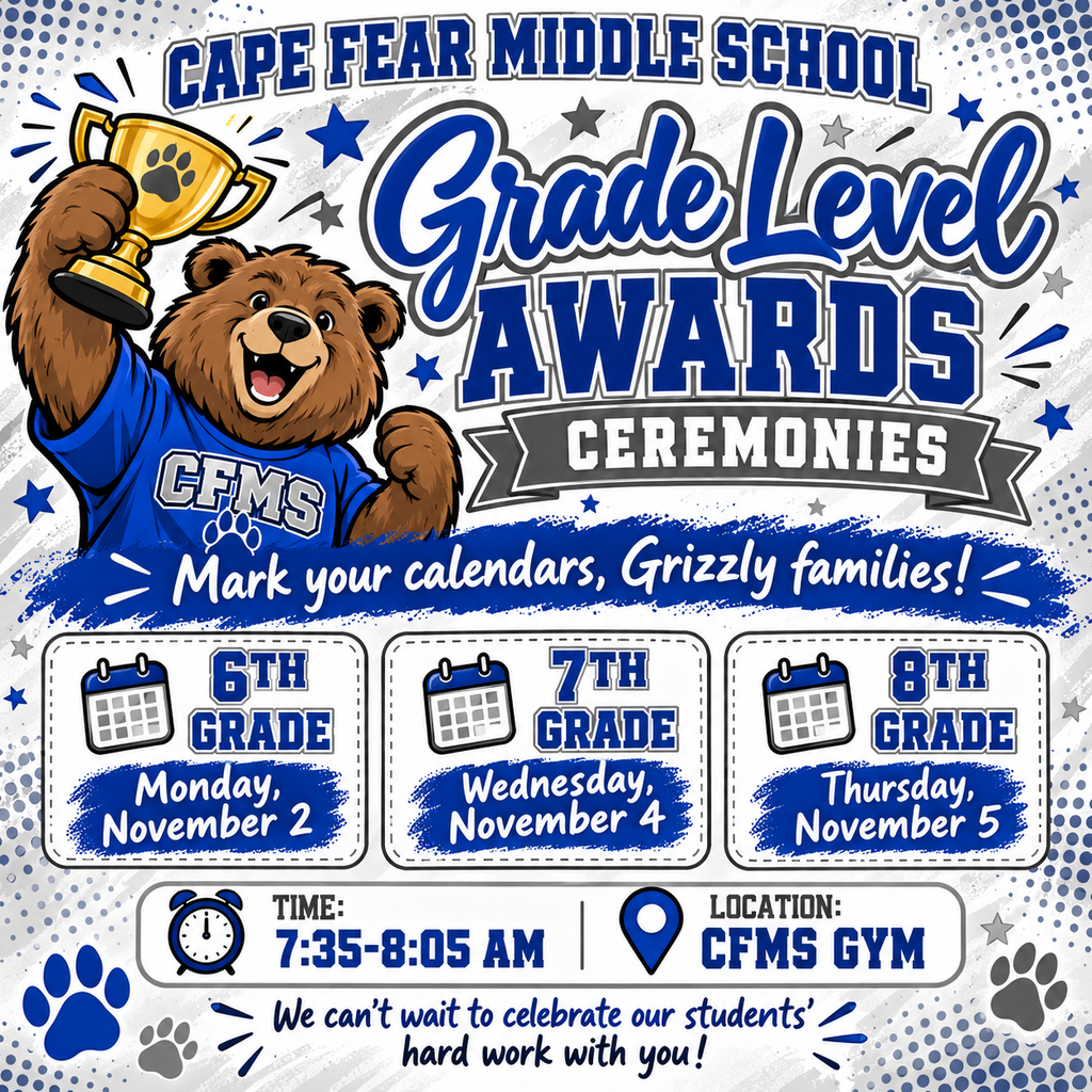 🐻Reminder, Grizzly families! 🐻  Our awards assemblies are next week:  6th grade: Monday, November 2 7th grade: Wednesday, November 4 8th grade: Thursday, November 5  Time: 7:35-8:05 AM Location: CFMS Gym  We can’t wait to celebrate our students’ hard work with you!