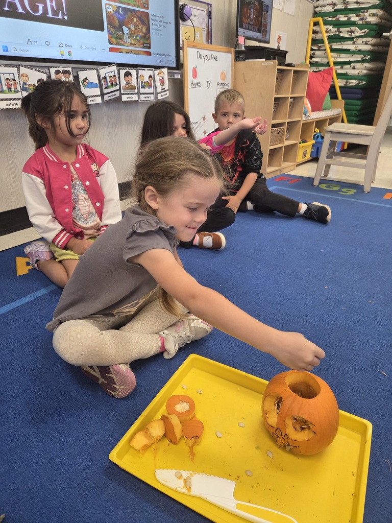 PreK students working on gutting a pumpkin