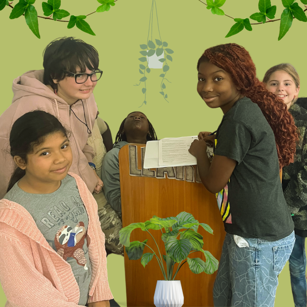 students working with graphics in background