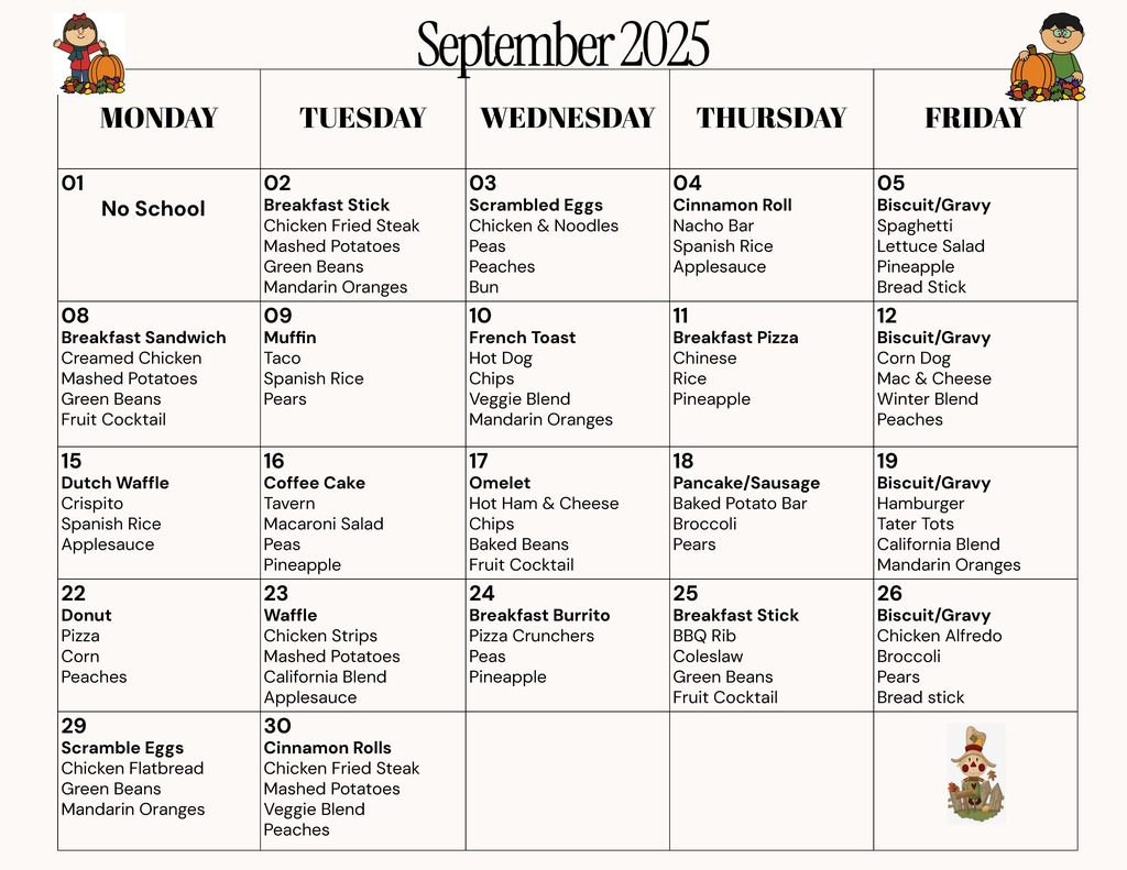 September 2025 lunch menu
