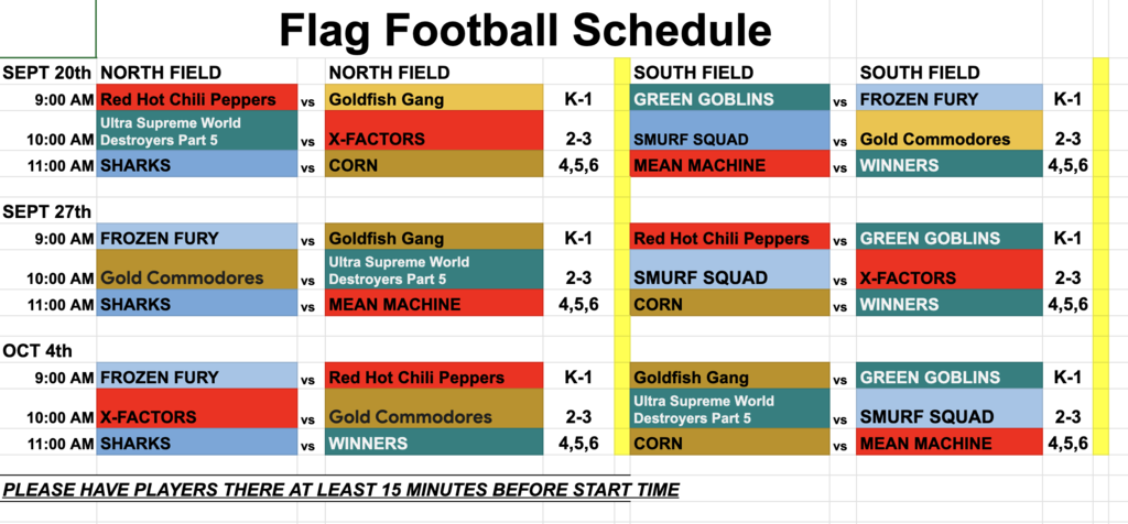 Flag Footbal schedule