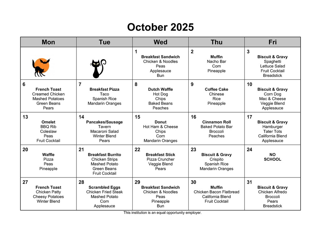 OCtober Lunch Menu