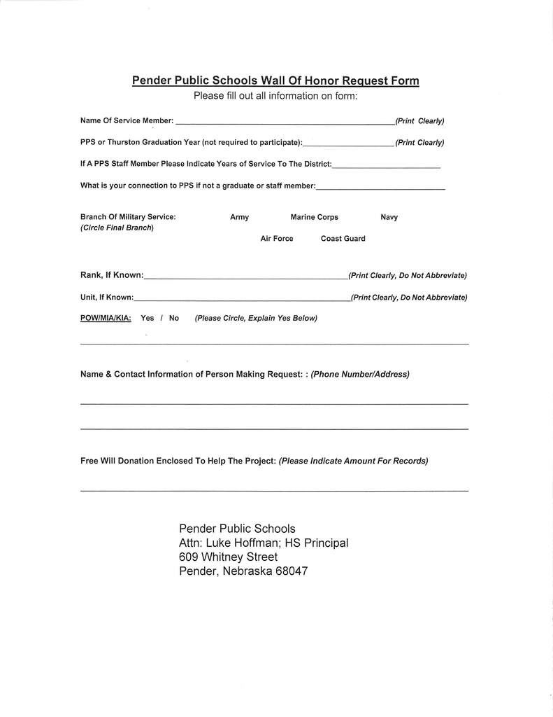 Wall of Honor sign up form 