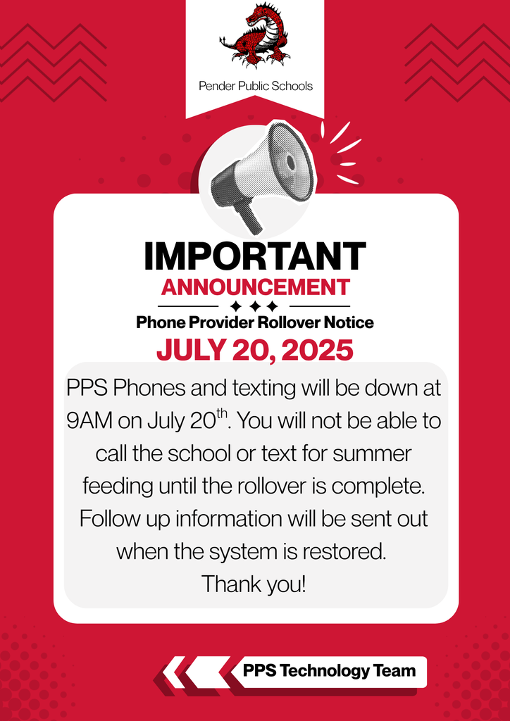 Important Announcement Phone Provider Rollover Notice July 20, 2025 PPS Phones and texting will be down at 9AM on July 20th. You will not be able to call the school or text for summer feeding until the rollover is complete. Follow up information will be sent out when the system is restored.  Thank you!