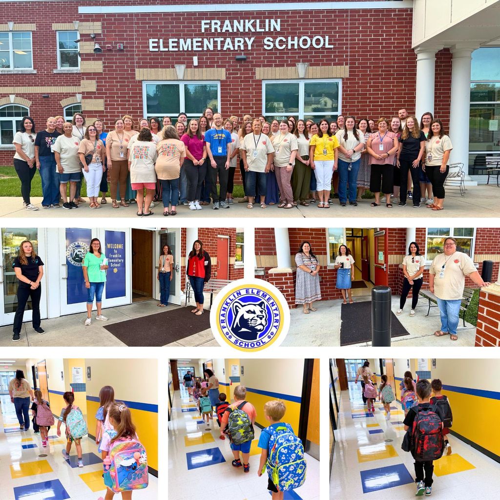 Photo Collage of the Franklin Elementary Staff gathered together, greeting students, and walking down the hallway.
