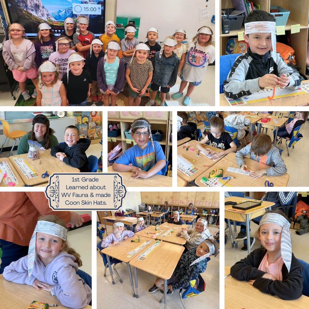 1st grade learned about WV Fauna and made coon skin Hats photo collage