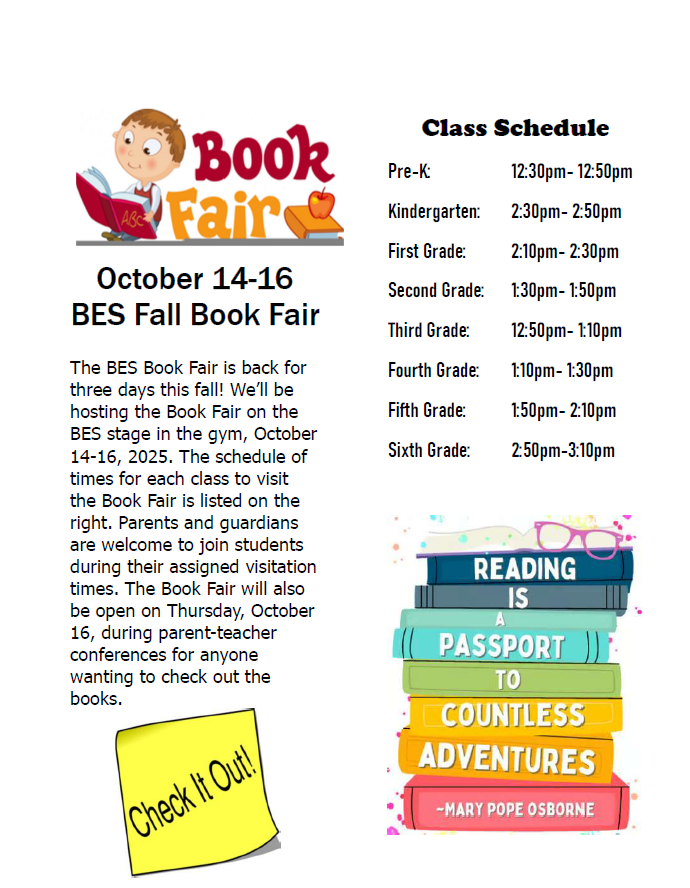 Book Fair Flyer with Class schedule.