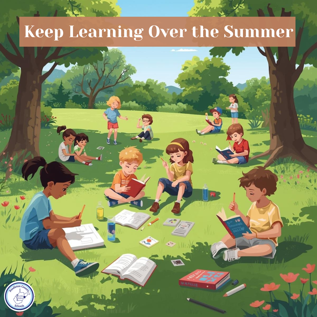 Kids reading outside graphic with title "Keep Learning Over the Summer"