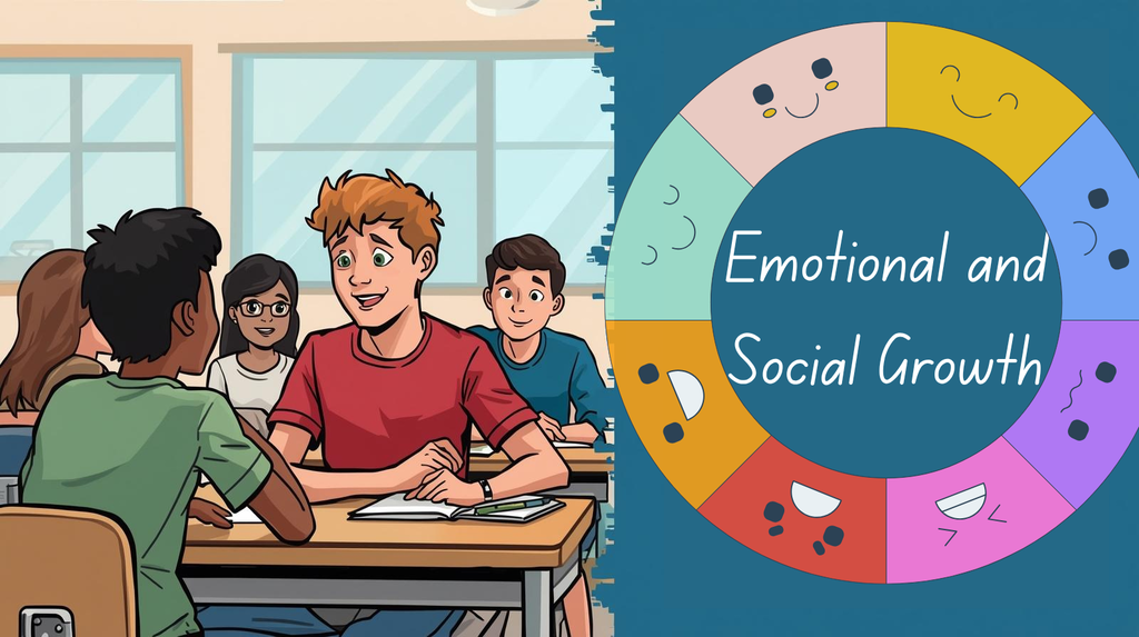 Students collaborating in class with title Emotional and Social Growth and feeling wheel of faces