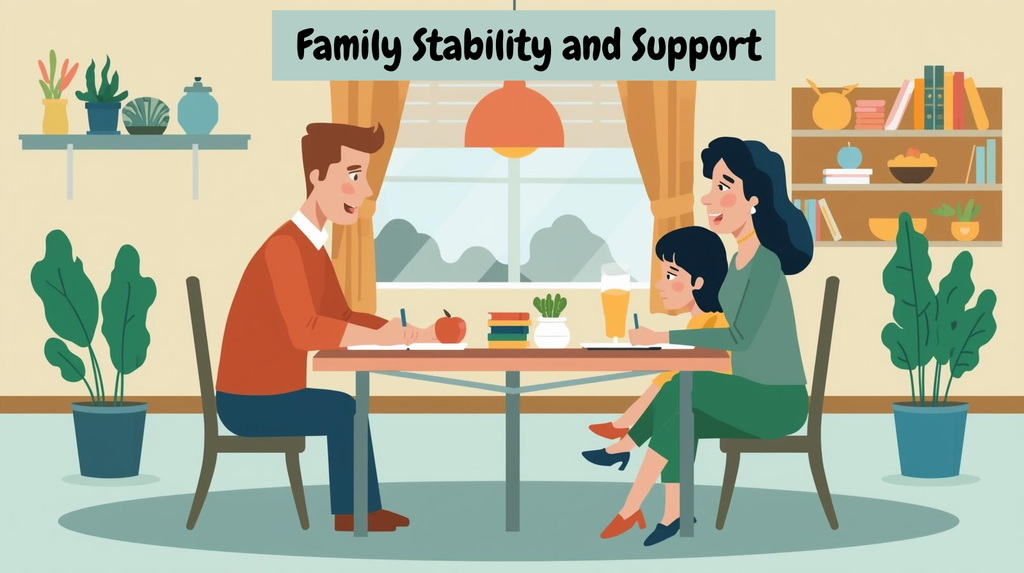 Family Stability and Support with graphic of a family around a table supporting one another.